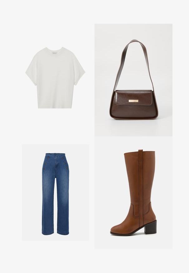 Biela tričko s krátkym rukávom a širokým okrúhlym výstrihom, s textúrovaným rebrovaným vzorom, vyrobené z mäkkej látky, s uvoľneným strihom a čistým dizajnom.; Džíny s vysokým pásom v strednej modrej farbe. Obsahujú predné gombíkové detaily a široký strih nohavíc. Látka má hladkú štruktúru s miernym vyblednutím.; Hnedá kožená čižma po kolená s zaoblenou špičkou, bočnými švami a blokovým podpätkom. Obsahuje zadný ťahový jazýček pre jednoduché obúvanie.; Hnedá kožená ramenná taška so štruktúrovaným tvarom, vybavená magnetickým uzáverom a metalickým logom na prednej strane.