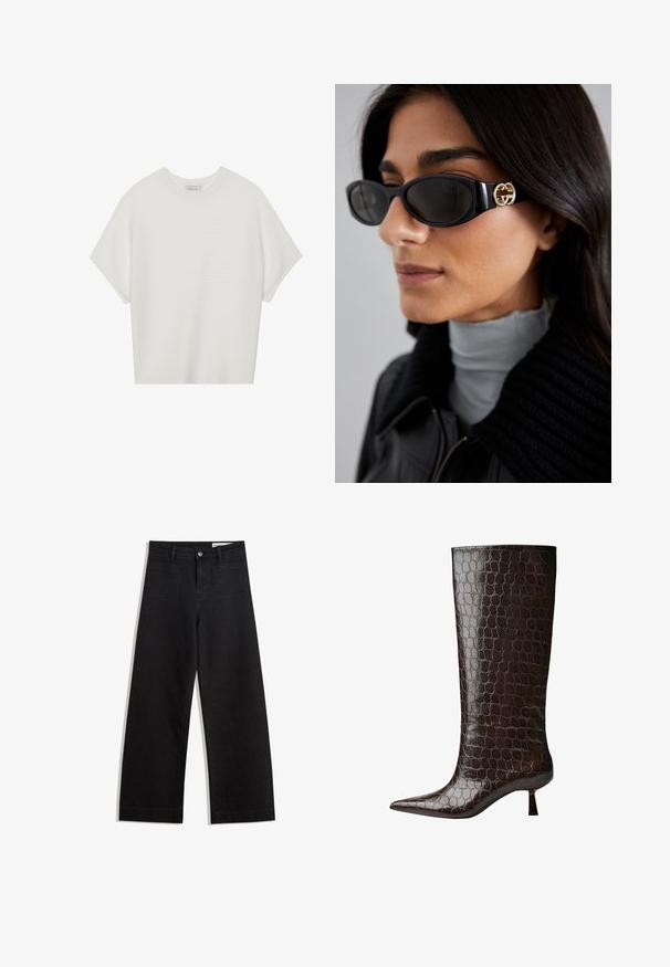 Vit kortärmad t-shirt med bred rund halsringning och texturerad ribbad mönster, tillverkad av mjukt material, med avslappnad passform och en ren design.; Svarta vida denimbyxor med hög midja, med fram- och bakfickor, sydda sömmar och knappstängning. Slät textur.; Knähöga bruna läderstövlar med krokodilmönster, spetsig tå och en kort fyrkantig klack. Slät textur genomgående.; Svarta solglasögon med en elegant rektangulär ram och en guldfärgad logotypaccent på sidan. Mörka linser och en blank yta är framträdande.; Beige läderhandväska med en unik form, med två korta handtag och ett långt justerbart axelband. Slät textur med minimal hårdvara.