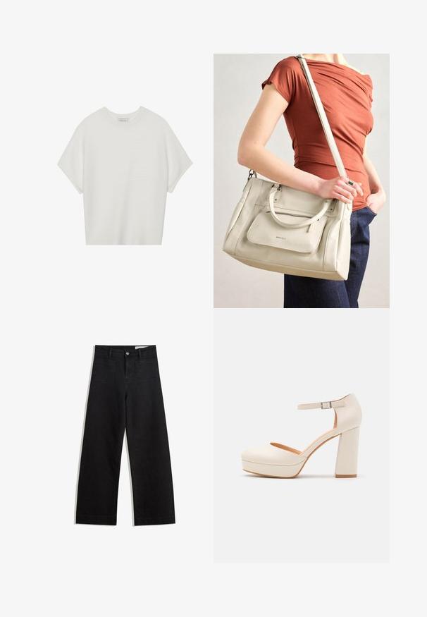 White short-sleeve t-shirt with a wide crew neck and textured ribbed pattern, made of soft fabric, featuring a relaxed fit and a clean design.; Black wide-leg denim pants with a high waist, featuring front and back pockets, stitched seams, and a button closure. Smooth texture.; Cream-colored platform heels with a rounded toe and adjustable ankle strap. Features a chunky block heel with a slight wood accent.; White leather handbag with dual handles and a detachable strap, featuring a front zip pocket and smooth texture. Carrying on a person's arm.