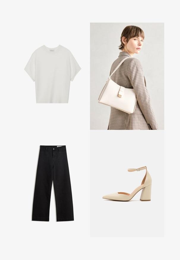 Valkoinen lyhythihainen t-paita, jossa on leveä pyöreä kaula-aukko ja teksturoitu ribbikuvio, valmistettu pehmeästä kankaasta, rento malli ja siisti muotoilu.; Mustat leveät farkut korkealla vyötäröllä, joissa on etu- ja takataskut, ommellut saumat ja nappisuljenta. Silkinoinen rakenne.; Beige patento nahka korkokenkä, jossa on terävä kärki, nilkkaremmi ja paksu korko. Sileä tekstuuri, jossa on minimaalinen ompelu.; Valkoinen nahkainen käsilaukku, jossa on jämäkkä muotoilu, magneettinen suljin ja olkahihna, esillä neutraalilla taustalla.