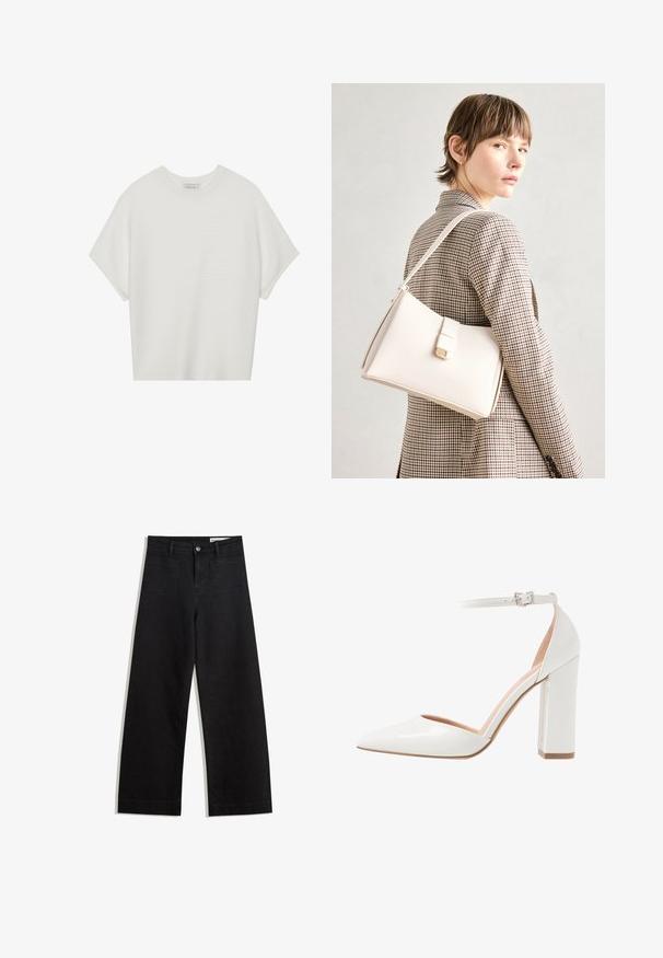 Hvid kortærmet t-shirt med en bred rund hals og struktureret ribbet mønster, lavet af blødt stof, med en afslappet pasform og et enkelt design.; Sorte wide-leg denim bukser med høj talje, der har front- og baglommer, syede sømme og en knaplukning. Glat tekstur.; Hvide patenterede læder højhælede sko med åben side, spidse tæer, ankelrem med spænde og en kraftig blokhæl.; Hvid læder håndtaske med en struktureret design, der har en magnetlukning og en skulderrem, præsenteret mod en neutral baggrund.