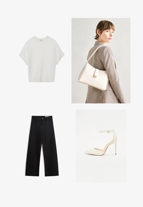 Hvid kortærmet t-shirt med en bred rund hals og struktureret ribbet mønster, lavet af blødt stof, med en afslappet pasform og et enkelt design.; Sorte wide-leg denim bukser med høj talje, der har front- og baglommer, syede sømme og en knaplukning. Glat tekstur.; Hvide læder højhælede sko med spids tå og tynd ankelrem. Har en stiletto hæl og minimalistisk design.; Hvid læder håndtaske med en struktureret design, der har en magnetlukning og en skulderrem, præsenteret mod en neutral baggrund.