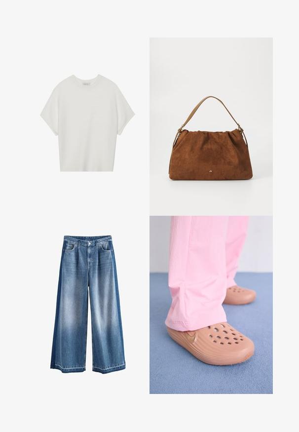 Camiseta blanca de manga corta con cuello redondo amplio y patrón acanalado texturizado, hecha de una tela suave, con un corte relajado y un diseño limpio.; Pantalones de mezclilla de pierna ancha en azul claro a medio, con un lavado desgastado, bolsillos clásicos y un cierre de botón. Material de algodón resistente.; Zuecos de Nike en plástico marrón con perforaciones, lados texturizados y un swoosh dorado. Se llevan con pantalones rosas sobre un suelo azul.; Bolso de ante marrón con un diseño fruncido, que cuenta con una sola correa de piel marrón y un sutil detalle del logo dorado en la parte frontal.