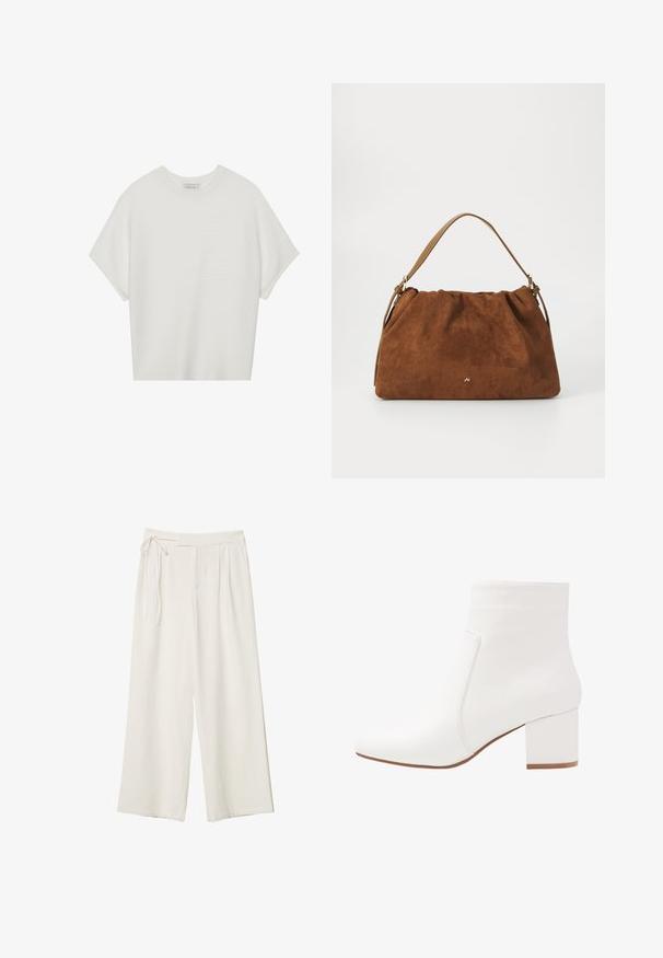 T-shirt blanc à manches courtes avec un large col rond et un motif côtelé texturé, fabriqué en tissu doux, présentant une coupe décontractée et un design épuré.; Pantalons larges en tissu blanc cassé avec une texture lisse. Dotés d'une taille nouée et d'un devant plissé, conçus pour un ajustement décontracté.; Bottes blanches à chevilles avec une finition lisse, un bout carré et un talon bloc de hauteur intermédiaire. Les détails de couture accentuent le design minimaliste.; Sac à main en daim marron avec un design plissé, arborant une seule sangle en cuir beige et un discret logo doré à l'avant.