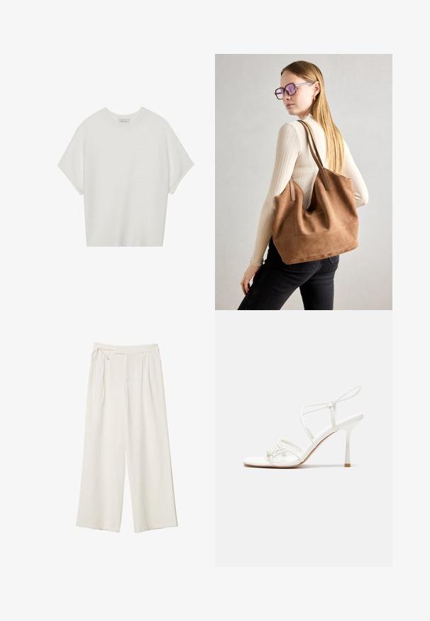 T-shirt bianca a maniche corte con scollo rotondo ampio e texture a coste, realizzata in tessuto morbido, caratterizzata da una vestibilità rilassata e un design pulito.; Pantaloni a gamba larga in tessuto bianco sporco con una texture liscia. Presentano una vita legata e una parte anteriore plissettata, progettati per una vestibilità comoda.; Sandalo alto con tacco bianco a strisce, con una base piatta per le dita, un frontale testurizzato con dettagli arricciati e una sottile cinghia alla caviglia.; Borsa a tracolla in suede marrone con texture morbida, ampia apertura e lunghe cinghie. Caratterizzata da un design semplice con cuciture visibili e senza accessori.; Fascia per capelli imbottita di colore crema con design intrecciato, abbinata a una camicia a righe beige e bianche con scollatura rotonda. Accenti di gioielli delicati.