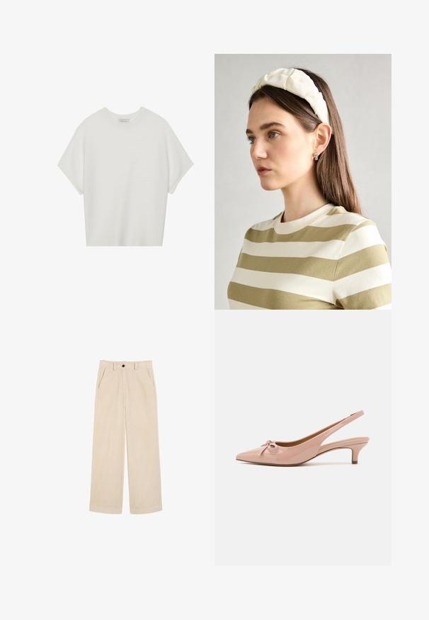 T-shirt blanc à manches courtes avec un large col rond et un motif côtelé texturé, fabriqué en tissu doux, présentant une coupe décontractée et un design épuré.; Pantalon en velours côtelé beige à jambes larges avec poches avant, passants de ceinture et fermeture à bouton à la taille.; Escarpins à talon slingback en cuir verni rose pâle avec un bout pointu, un détail en nœud à l'avant, et un petit talon. Texture lisse avec une finition brillante.; Un bandeau en créme rembourré avec un design torsadé, associé à une chemise rayée beige et blanche à col rond. Accent de bijoux discrets.