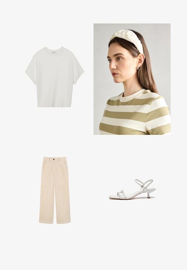 Camiseta blanca de manga corta con cuello redondo amplio y patrón acanalado texturizado, hecha de una tela suave, con un corte relajado y un diseño limpio.; Pantalones de pana anchos color beige con bolsillos frontales, trabillas para cinturón y un cierre de botón en la cintura.; Sanda blanca de tiras con tacón bajo, suela plana y correa ajustable en el tobillo. Material suave con un diseño sencillo.; Diadema acolchada crema con diseño trenzado, acompañada de una camiseta de rayas beige y blanca con cuello redondo. Sutiles acentos de joyería.