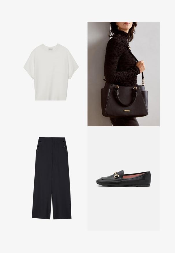 Bela majica s kratkimi rokavi in širokim ovratnikom ter teksturiranim rebrastim vzorcem, izdelana iz mehke tkanine, z udobnim krojem in čistim dizajnom.; Široke hlače iz temno modrega materiala, z gladko teksturo, sprednjimi gubami in dekorativnimi zlatimi kopčami na stranskih žepih.; Črni usnjeni loafer s prefinjenim dizajnom, zaobljenim nosom in zlatim okrasom spredaj. Gladka tekstura z nizkim ravnim podplatom.; Črna torbica z teksturirano površino, z dvema zgornjima ročajema in nastavljivim ramenskim pasom. Ima zlatovrateče dodatke in stranske žepe.