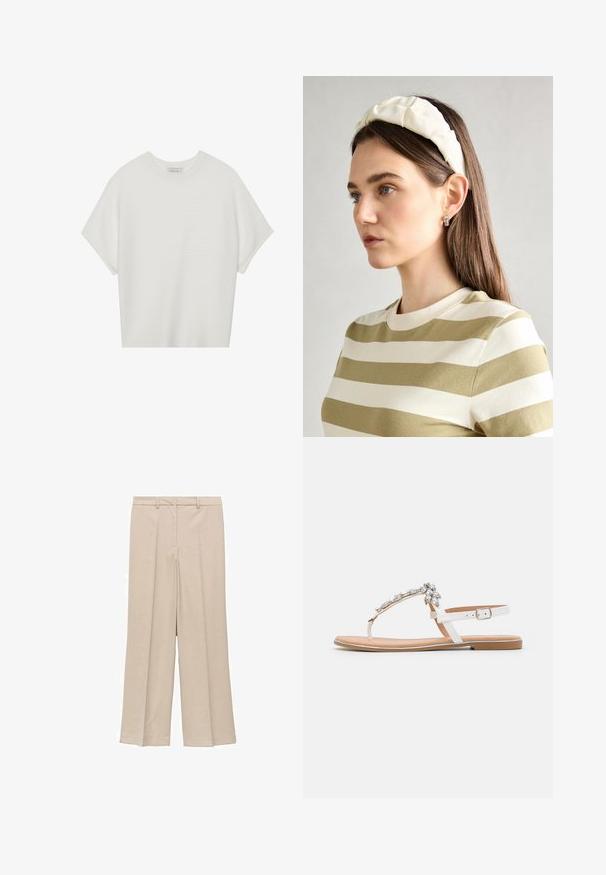 Bijela majica kratkih rukava s širokim okruglim izrezom i teksturiranim rebrastim uzorkom, izrađena od mekog materijala, s opuštenim krojem i čistim dizajnom.; Svjetlosmeđi široki hlače s glatkom teksturom, s naboranom prednjom stranom i bočnim džepovima, te dizajnom struka koji se prilagođava.; Bijele ravne sandale s T-bar dizajnom, ukrašene prozirnim draguljima. Potplat je svijetlo smeđe boje s tankim, ravnim profilom. Podesiva naramenica za zapešće.; Kremasta podstavljena trakica za glavu s uvijenim dizajnom, uparen s bež i bijelom prugastom majicom s okruglim izrezom. Suptilni dodaci nakita.