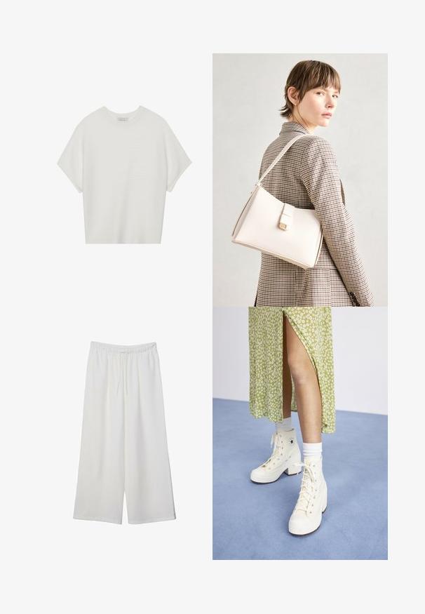Vit kortärmad t-shirt med bred rund halsringning och texturerad ribbad mönster, tillverkad av mjukt material, med avslappnad passform och en ren design.; Vita vida byxor i lätt tyg med elastisk midja och dragsko för justerbar passform. Mjuk textur.; Vita högplattformssneakers med snörning och silverfärgade öglor, i kombination med vita ankelsockor, på en ljusblå golvyta.; Vit läderhandväska med en strukturerad design, med en magnetknäppning och en axelrem, visad mot en neutral bakgrund.