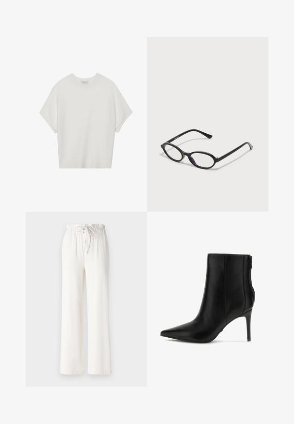 Valge lühikeste varrukatega T-särk laia ümaraha kaelusega ja tekstureeritud ribapatterniga, pehmest kangast, lõdva istuvuse ja puhta disainiga.; Valged laiad püksid, mis on valmistatud pehmest kangast, nööriga vöökohaga ja siledast tekstuurist. Muster ega kaunistused pole nähtavad.; Mustad nahast pahkluu saapad, millel on terav varvas, peen kõrge konts ja külgvahe. Sile tekstuur minimaalse õmbluste detailidega.; Must kärgpruunid raamiga prillid, millel on läbipaistvad lilla aktsendid läätsedel. Raamid on mattviimistlusega ja õhukesed, sirged tempels. ; Must have mustrõngus mustal sädelev mini käekotil on sõlme tekstuuriga rihm ja hõbedane ketis. Ümar kuju, kokku kogutud ülaosa ja peegeldav detail.