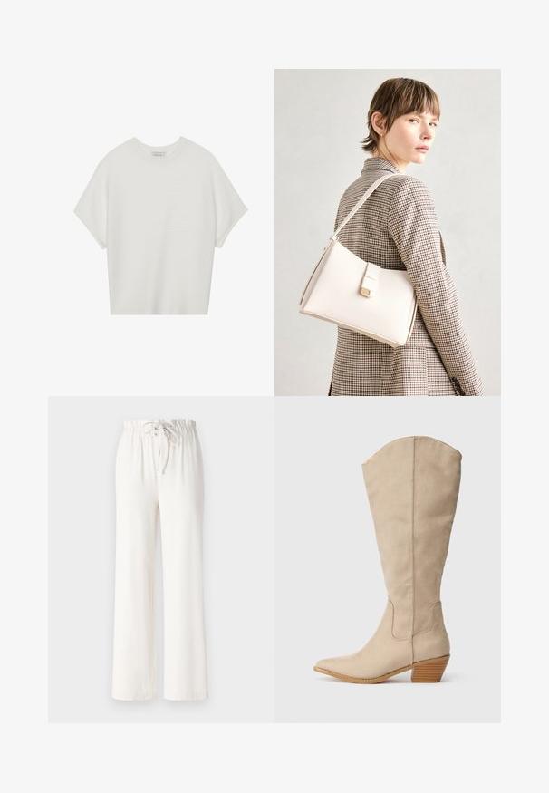Camiseta branca de mangas curtas com um decote careca largo e um padrão texturizado canelado, feita de tecido suave, com um corte relaxado e um design limpo.; Calças largas brancas feitas de tecido macio, com uma cintura elástica e textura suave. Sem padrões ou adornos visíveis.; Bota em camurça bege até o joelho, com bico fino, salto empilhado e detalhes de costura visíveis. Textura suave com design simples.; Bolsa de mão em couro branco com um design estruturado, apresentando um fecho magnético e uma alça de ombro, exibida sobre um fundo neutro.