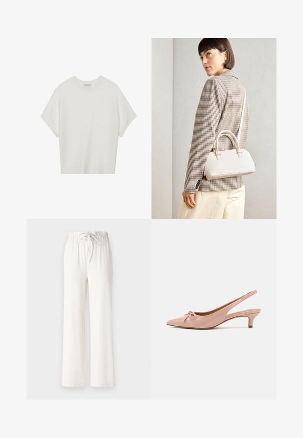 Camiseta branca de mangas curtas com um decote careca largo e um padrão texturizado canelado, feita de tecido suave, com um corte relaxado e um design limpo.; Calças largas brancas feitas de tecido macio, com uma cintura elástica e textura suave. Sem padrões ou adornos visíveis.; Slingbacks em rosa patente com ponta afilada, detalhe em laço à frente e um salto baixo tipo kitten. Textura suave com acabamento brilhante.; Bolsa estruturada branca com alças curtas e uma alça de ombro, com detalhes em hardware dourado e material texturizado, exibida contra um fundo cinza.