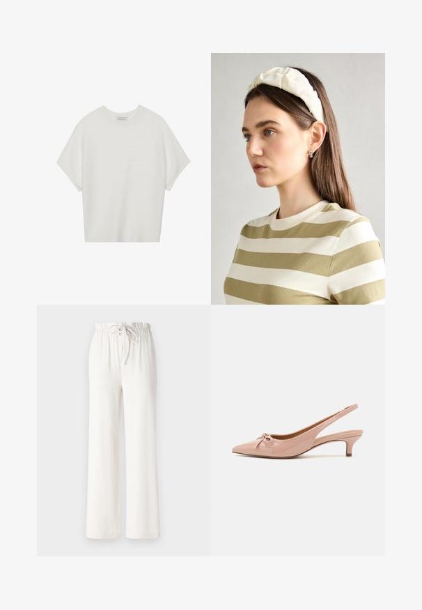 T-shirt bianca a maniche corte con scollo rotondo ampio e texture a coste, realizzata in tessuto morbido, caratterizzata da una vestibilità rilassata e un design pulito.; Pantaloni bianchi a gamba larga realizzati in tessuto morbido, con vita regolabile e texture liscia. Nessun motivo o decorazione visibile.; Décolleté rosa patent con punta affusolata, dettaglio a fiocco frontale e tacco kitten basso. Texture liscia con finitura lucida.; Fascia per capelli imbottita di colore crema con design intrecciato, abbinata a una camicia a righe beige e bianche con scollatura rotonda. Accenti di gioielli delicati.