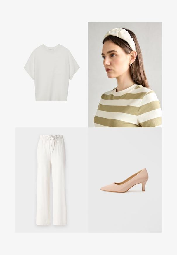 White short-sleeve t-shirt with a wide crew neck and textured ribbed pattern, made of soft fabric, featuring a relaxed fit and a clean design.; White wide-leg pants made of soft fabric, featuring a drawstring waist and smooth texture. No patterns or embellishments visible.; Pointed-toe, patent pink high heel shoe with a low heel, featuring a smooth, glossy finish and a subtle open v-shaped cut at the front.; Cream padded headband with twisted design, paired with a beige and white striped shirt featuring a round neckline. Subtle jewelry accents.