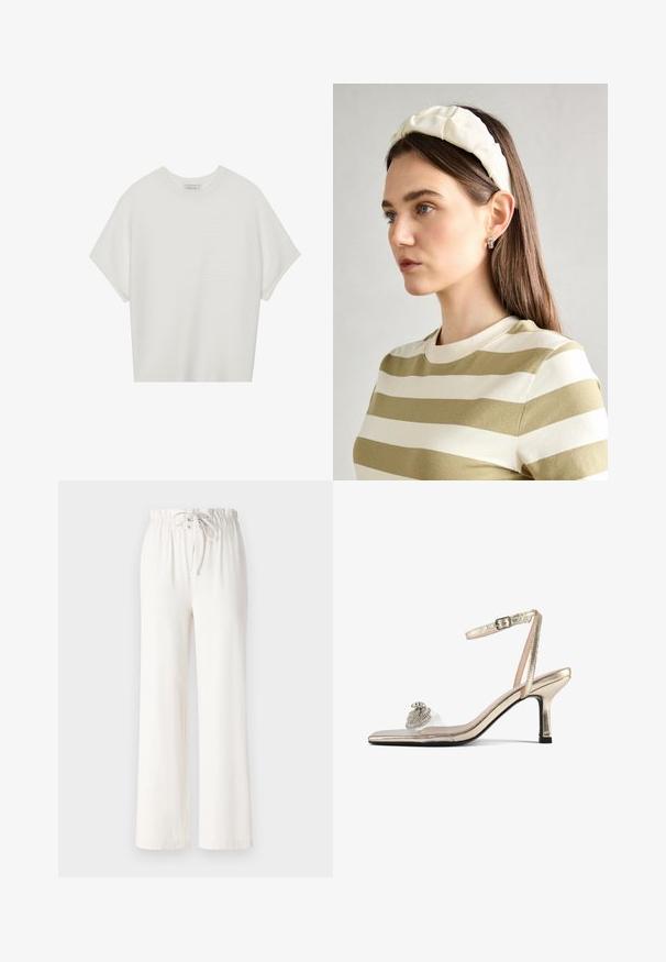 Witte T-shirt met korte mouwen, een brede ronde hals en een gestructureerd ribpatroon, gemaakt van zachte stof. Het shirt heeft een ontspannen pasvorm en een strakke uitstraling.; Witte wijde broek van zacht materiaal, met een tailleband met trekkoord en een gladde textuur. Geen patronen of versieringen zichtbaar.; Heldere blockhak sandalen met een metaalachtige gouden band en een decoratieve strassversiering op de teen. Heeft een transparante bovenkant.; Crème geklede hoofdband met gedraaide ontwerp, gecombineerd met een beige en witte gestreepte shirt met een ronde hals. Subtiele sieradenaccenten.