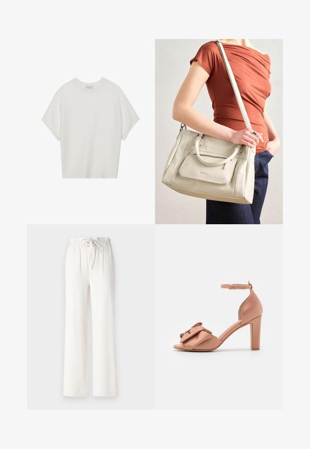 Camiseta branca de mangas curtas com um decote careca largo e um padrão texturizado canelado, feita de tecido suave, com um corte relaxado e um design limpo.; Calças largas brancas feitas de tecido macio, com uma cintura elástica e textura suave. Sem padrões ou adornos visíveis.; Sandalha de salto alto em cetim rosa suave com um grande laço na parte da frente. Apresenta uma faixa no tornozelo e um acabamento liso e brilhante.; Bolsa de couro branca com alças duplas e uma alça destacável, apresentando um bolso frontal com fecho e textura suave. A bolsa está a ser carregada no braço de uma pessoa.
