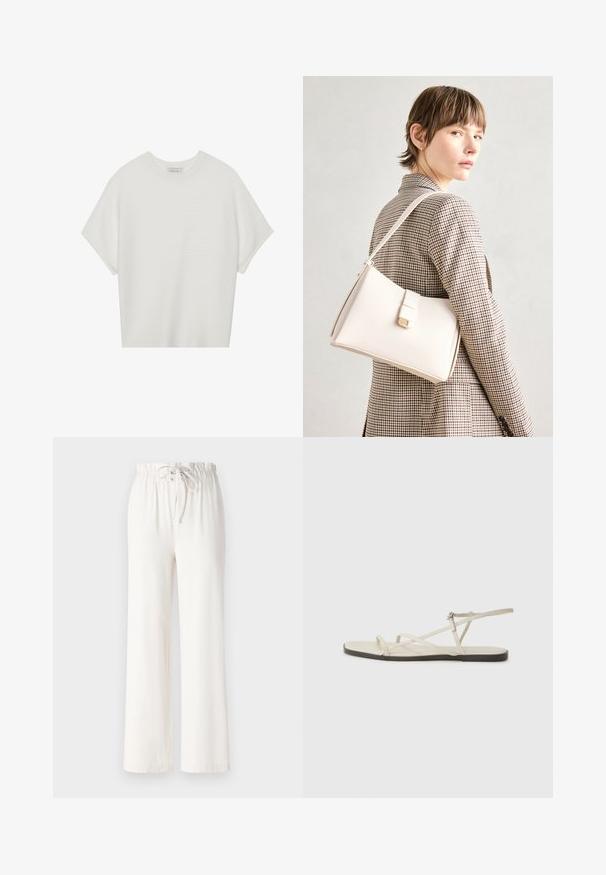 Fehér, rövid ujjú póló széles kerek nyakkivágással és textúrázott, bordás mintával, puha anyagból készült, laza fazonú és letisztult dizájnú.; Fehér, bőszárú nadrág, puha anyagból készült, húzózsinóros derékkal és sima felülettel. Nincsenek rajta minták vagy díszítések.; Beige lapos szandál, amelyet több vékony pánt díszít, és állítható csattal rendelkezik. A talpa lapos, az élein enyhe sötét kontraszttal.; Fehér bőr táska strukturált dizájnnal, mágneses záródással és vállpánttal, semleges háttér előtt bemutatva.