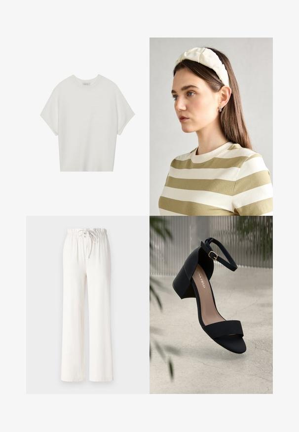 Camiseta branca de mangas curtas com um decote careca largo e um padrão texturizado canelado, feita de tecido suave, com um corte relaxado e um design limpo.; Calças largas brancas feitas de tecido macio, com uma cintura elástica e textura suave. Sem padrões ou adornos visíveis.; Sandalha preta de salto alto com uma tira larga e tira no tornozelo, apresentando uma textura mate e um salto robusto. Logotipo da marca visível na palmilha.; Fita de cabelo almofadada em creme com design torcido, acompanhada de uma camisa às riscas bege e branca com escote redondo. Acentos discretos em joias.