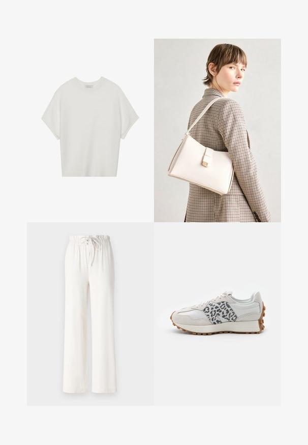 Hvit t-skjorte med korte ermer, bred rund hals og teksturert ribbet mønster, laget av myk stoff, med en avslappet passform og et enkelt design.; Hvite vide bukser laget av myk stoff, med snor i livet og jevn tekstur. Ingen mønstre eller dekorasjoner synlige.; Hvit sneaker med grå leopardprinte accenter, laget av semsket skinn og lær, teksturert såle med gummisåle, rund tå og snøredesign.; Hvit lær veske med en strukturert design, med magnetlås og skulderstropp, vist mot en nøytral bakgrunn.