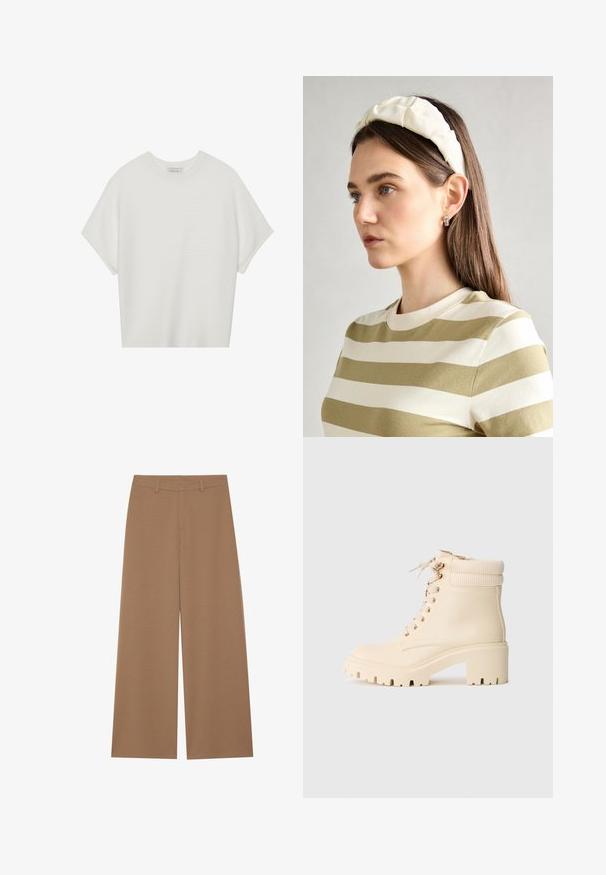 Hvit t-skjorte med korte ermer, bred rund hals og teksturert ribbet mønster, laget av myk stoff, med en avslappet passform og et enkelt design.; Bredde ben bukser i en ensfarget brunfarge, laget av et teksturert stoff; har høy midje og strukturert design med beltehefter.; Kremfargede ankelstøvler laget av glatt lær med ribbet mansjett, kraftig hæl og snøring foran med gulløyer.; Kremfarget polstret hodebånd med tvunnet design, kombinert med en beige og hvit stripete skjorte med rund halsutskjæring. Subtile smykker som aksenter.