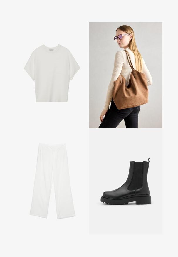 Bílý krátký rukáv tričko s širokým kulatým výstřihem a texturovaným žebrovaným vzorem, vyrobené z měkké látky, s uvolněným střihem a čistým designem.; Kalhoty s širokými nohavicemi z bílé látky, s hladkým povrchem, předními kapsami a klasickým pasem s poutky na opasek.; Černá kožená kotníková bota s elastickými bočními panely, robustní gumovou podrážkou a poutkem na vytažení. Hladký povrch s elegantním designem.; Hnědá semišová taška přes rameno se soft-touch texturou, velkým otvorem a dlouhými popruhy. Disponuje jednoduchým designem s viditelným šitím a bez kovových prvků.
