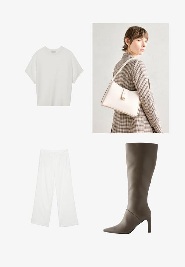 T-shirt bianca a maniche corte con scollo rotondo ampio e texture a coste, realizzata in tessuto morbido, caratterizzata da una vestibilità rilassata e un design pulito.; Pantaloni a gamba larga in tessuto bianco, con una texture liscia, tasche anteriori e una vita classica con passanti per la cintura.; Stivale in pelle marrone altezza ginocchio con punta appuntita e tacco a stiletto, caratterizzato da una texture liscia e un design minimalista.; Borsa a mano in pelle bianca con un design strutturato, presente di un clasp magnetico e una tracolla, esposta su uno sfondo neutro.