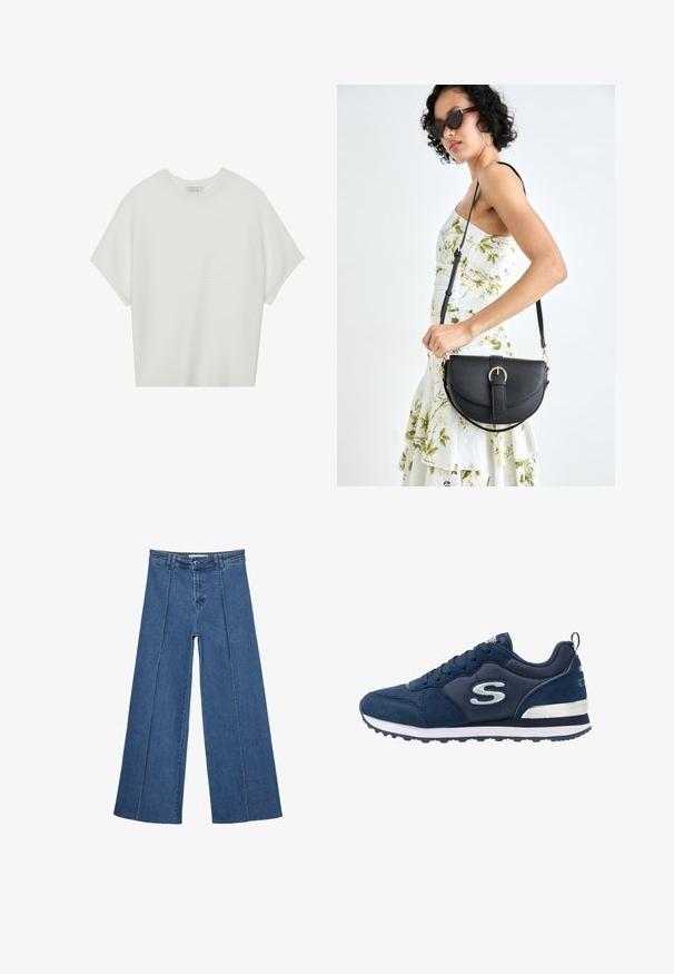 Biała koszulka z krótkim rękawem o szerokim dekolcie, wykonana z miękkiego materiału, z fakturowanym prążkowanym wzorem, charakteryzująca się luźnym krojem i minimalistycznym designem.; Jeans typu wide-leg w średnim niebieskim kolorze, z wysokim stanem, zapięciem na guziki oraz kontrastowymi szwami pionowymi z przodu.; Granatowe buty sportowe z zamszowymi i siateczkowymi materiałami, z wyraźnym srebrnym logo, teksturowanym wierzchem i białą podeszwą środkową.; Czarna skórzana torebka o zakrzywionym kształcie, z odpinanym paskiem i złotymi akcentami. Torebka posiada klapę z zapięciem w kształcie klamry.