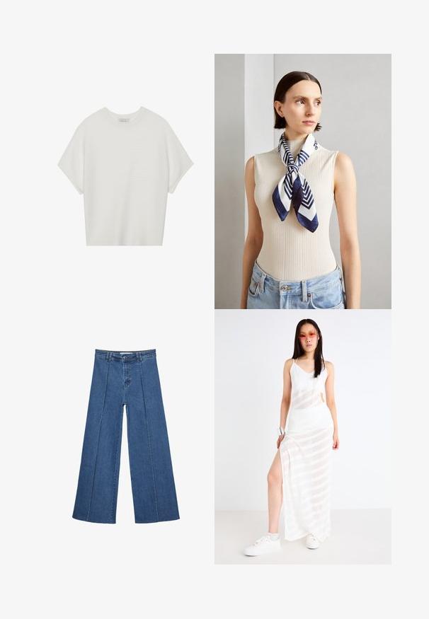 Biela tričko s krátkym rukávom a širokým okrúhlym výstrihom, s textúrovaným rebrovaným vzorom, vyrobené z mäkkej látky, s uvoľneným strihom a čistým dizajnom.; Rovné džínsy s širokými nohavicami v strednom modrom odtieni, so zvýšeným pásom, zapínaním na gombík a kontrastnými vertikálnymi švami pozdĺž prednej strany.; Biela priesvitná maxi šaty s horizontálnymi pruhmi, s vysokým rozparkom a tenkými ramienkami. Nosí sa s bielymi teniskami a strieborným náramkom na zápästí.; Hedvábný šátek v námořnické modři a bílé s geometrickým zigzagovým vzorem. Hladká textura, úhledně uvázán kolem krku, doplňuje žebrovaný top.; Krémová čelenka s vypchatím a vzorom vrkoča, skombinovaná s béžovo-bielym pruhovaným tričkom s okrúhlym výstrihom. Nápadné doplnky z jemného šperku.