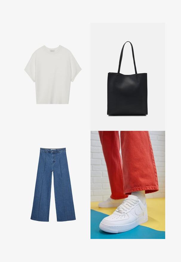 Biała koszulka z krótkim rękawem o szerokim dekolcie, wykonana z miękkiego materiału, z fakturowanym prążkowanym wzorem, charakteryzująca się luźnym krojem i minimalistycznym designem.; Jeans typu wide-leg w średnim niebieskim kolorze, z wysokim stanem, zapięciem na guziki oraz kontrastowymi szwami pionowymi z przodu.; Białe skórzane sneakersy z perforowanym czubkiem, teksturowaną podeszwą i białymi sznurowadłami, w połączeniu z szerokimi czerwonymi spodniami na niebiesko-żółtym tle.; Czarna skórzana torba tote o gładkiej fakturze, prostokątnym kształcie i dwóch długich uchwytach. Brak widocznych elementów metalowych i ozdób.