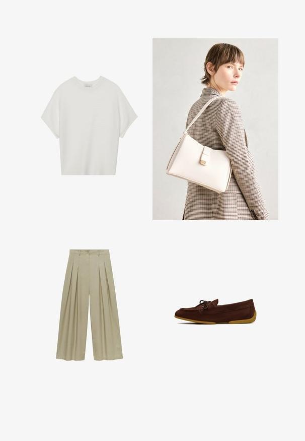 Vit kortärmad t-shirt med bred rund halsringning och texturerad ribbad mönster, tillverkad av mjukt material, med avslappnad passform och en ren design.; Mango Tygbyxor - light green; Bruna mockaskor med rund tå, snörningsdetaljer och en flexibel gul gummisula. Enkelt, odekorerat design.; Vit läderhandväska med en strukturerad design, med en magnetknäppning och en axelrem, visad mot en neutral bakgrund.