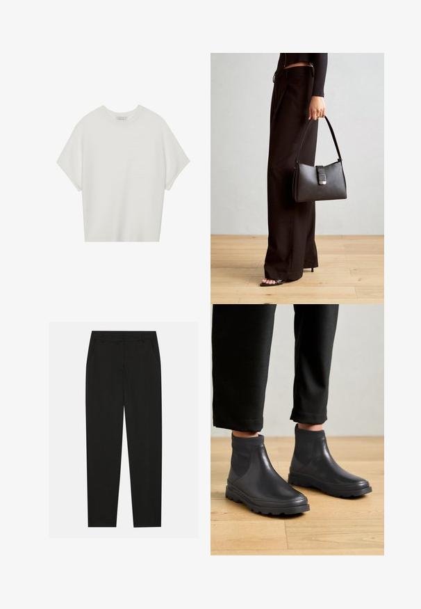 T-shirt blanc à manches courtes avec un large col rond et un motif côtelé texturé, fabriqué en tissu doux, présentant une coupe décontractée et un design épuré.; Pantalon noir au design ajusté, doté de poches latérales et d'une jambe droite. Fabriqué en tissu lisse et léger avec une finition élégante.; Camper BRUTUS - Boots à talons - black; Sac à main noir à la forme structurée, texture lisse et fermoir métallique. Associé à un pantalon noir ample et des sandales ouvertes sur un sol en bois.