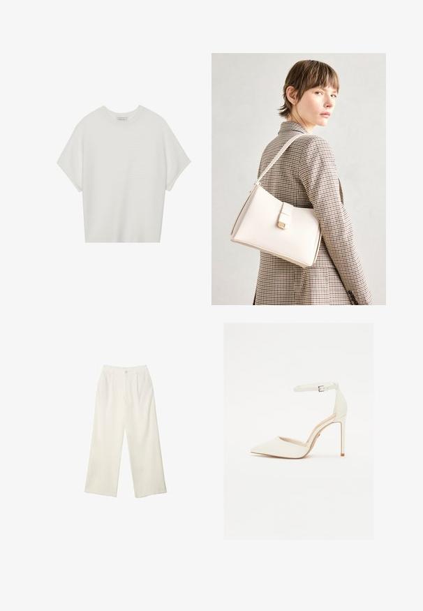 Hvid kortærmet t-shirt med en bred rund hals og struktureret ribbet mønster, lavet af blødt stof, med en afslappet pasform og et enkelt design.; Bredde bukser i cremefarvet stof med en glat tekstur, der har en enkelt knap foran, diskrete folder og design med høj talje.; Hvide læder højhælede sko med spids tå og tynd ankelrem. Har en stiletto hæl og minimalistisk design.; Hvid læder håndtaske med en struktureret design, der har en magnetlukning og en skulderrem, præsenteret mod en neutral baggrund.