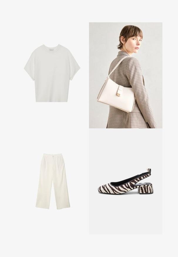 Weißes T-Shirt mit kurzen Ärmeln, weitem Rundhalsausschnitt und strukturiertem Rippenmuster, aus weichem Stoff, mit legerer Passform und einem klaren Design.; Helle Stoffhose mit weitem Bein und glatter Textur, ausgestattet mit einem einzelnen Knopf vorne, dezenten Falten und einem Hochbund-Design.; Slingback-Pumps mit Zebramuster in Schwarz und Creme, aus weichem Material gefertigt, mit quadrater Spitze und einem stabilen Blockabsatz.; Weiße Lederhandtasche mit strukturiertem Design, ausgestattet mit einem Magnetverschluss und einem Schulterriemen, präsentiert vor einem neutralen Hintergrund.; Cremfarbener gepolsterter Haarreif mit gedrehtem Design, kombiniert mit einem beigen und weißen gestreiften Shirt mit rundem Halsausschnitt. Dezente Schmuckakzente.