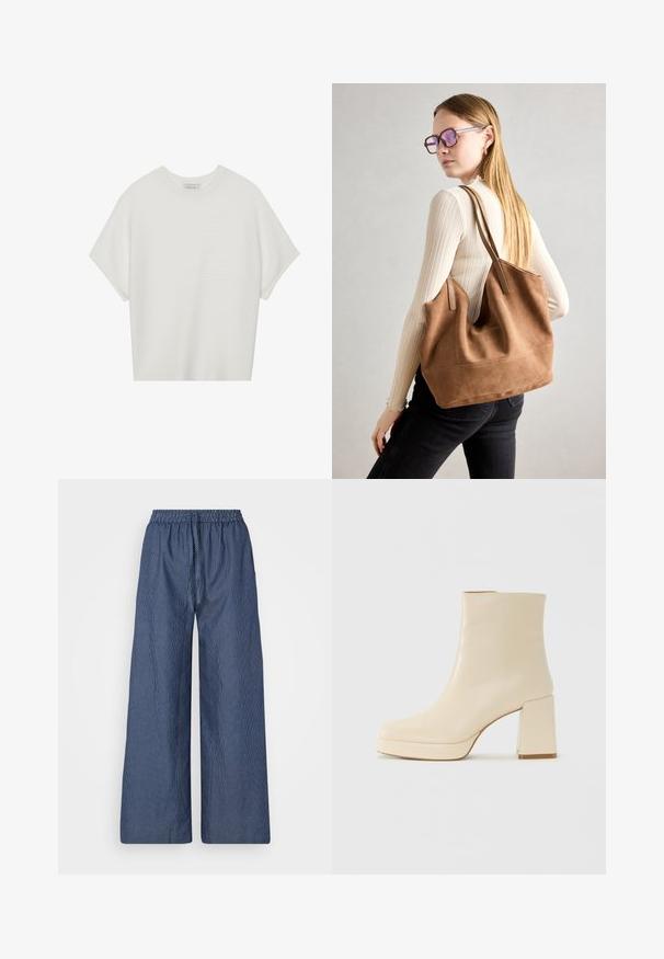 Camiseta branca de mangas curtas com um decote careca largo e um padrão texturizado canelado, feita de tecido suave, com um corte relaxado e um design limpo.; Calças largas de riscas azuis e brancas, leves, com cintura elástica e cordão, apresentando um tecido suave e um corte descontraído.; Bota ankle de couro bege com salto bloco e sola plataforma, acabamento suave e bico ligeiramente quadrado, virada para a esquerda em fundo branco.; Bolsa tote em camurça castanha com textura suave, grande abertura e alças longas. Apresenta um design simples com costuras visíveis e sem acessórios.