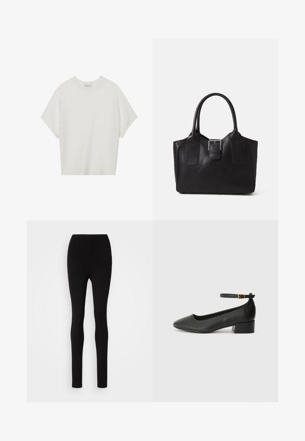 Valge lühikeste varrukatega T-särk laia ümaraha kaelusega ja tekstureeritud ribapatterniga, pehmest kangast, lõdva istuvuse ja puhta disainiga.; Mustad mustrid, kõrge vöökoht ja sujuv kangas. Nähtamatud õmblused või mustrid, lihtne ja minimalistlik disain.; Must mustaapp, millel on terav nina ja madal blokk-kand. Omab pahkluu rihma koos kuldse tooni pandlaga. Sile tekstuur.; Mustgamma nahast kott, millel on sile tekstuur, struktureeritud kuju, kaks käepidet ja esiküljel silmapaistev hõbedane pandla detail.