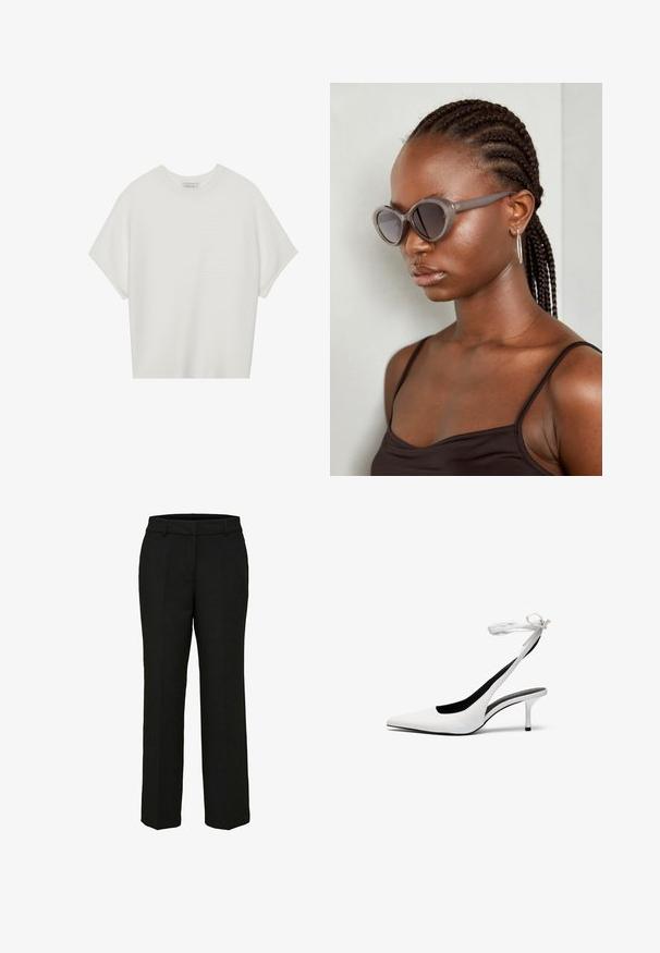 Witte T-shirt met korte mouwen, een brede ronde hals en een gestructureerd ribpatroon, gemaakt van zachte stof. Het shirt heeft een ontspannen pasvorm en een strakke uitstraling.; Zwarte, op maat gemaakte broeken met een recht gesneden ontwerp, riemlussen en voorzakken; gladde stof met een nette afwerking.; Witte pointed-toe slingback hakken met een dunne enkelband. Gladde leren materiaal, dunne stilettohak en een zwarte binnenvoering.; Grijze oversized zonnebril met een ronde vorm en donkere lenzen. Strakke kunststof montuur met een gladde afwerking. Model heeft gevlochten haar.