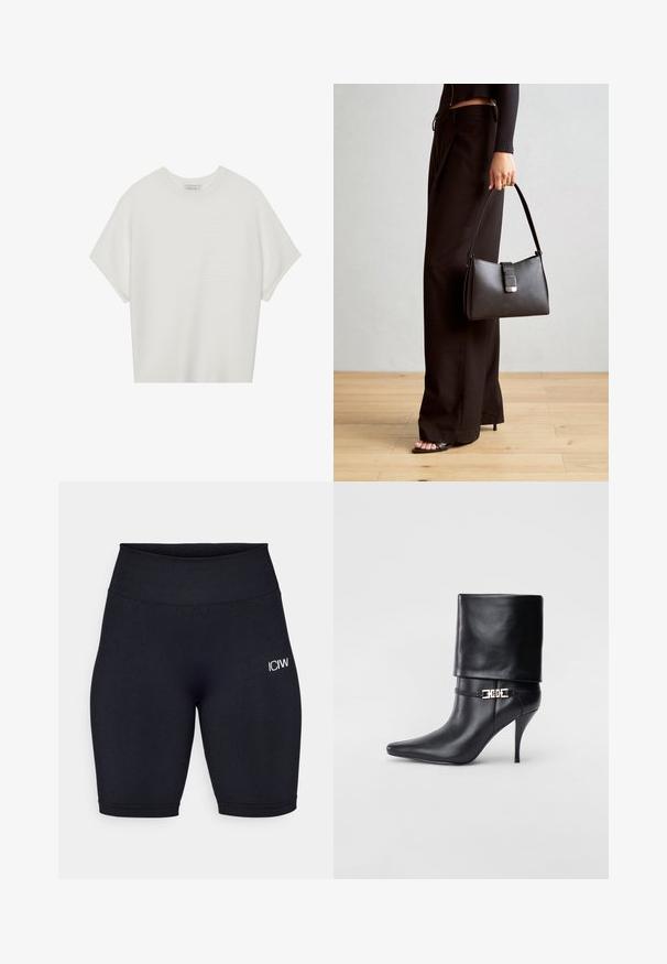 Hvit t-skjorte med korte ermer, bred rund hals og teksturert ribbet mønster, laget av myk stoff, med en avslappet passform og et enkelt design.; Sorte sykkelshorts laget av elastisk stoff med høy midje. Har en liten hvit logo på venstre lår og en glatt tekstur.; Sorte lærstøvlett med spiss tå, høy stiletthel, omslagskant og en dekorativ gullspenne rundt ankelen.; Svart håndveske med strukturert form, jevn tekstur og metallisk lås. Kombinert med brede svarte bukser og sandaler med åpen tå på tregulv.