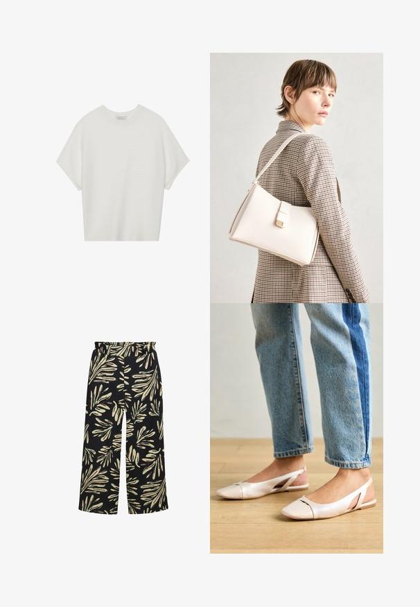 Camiseta blanca de manga corta con cuello redondo amplio y patrón acanalado texturizado, hecha de una tela suave, con un corte relajado y un diseño limpio.; Pantalones de pierna ancha con cintura elástica, con un fondo negro y un diseño de hojas en color crema y verde menta. Tejido texturizado.; Bailarinas de color rosa pálido con tiras traseras y punta puntiaguda, fabricadas con un material similar al cuero suave. Presentan detalles recortados en los laterales y un tacón plano.; Bolso de mano de cuero blanco con un diseño estructurado, que presenta un cierre magnético y una correa para el hombro, exhibido sobre un fondo neutro.