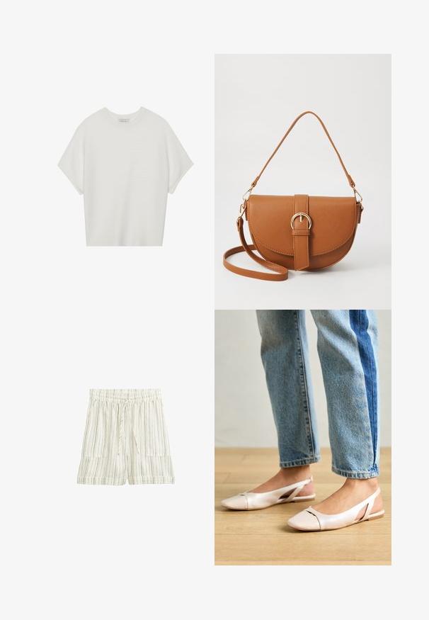Biela tričko s krátkym rukávom a širokým okrúhlym výstrihom, s textúrovaným rebrovaným vzorom, vyrobené z mäkkej látky, s uvoľneným strihom a čistým dizajnom.; Šortky z ľanovej zmesi v svetlej krémovej farbe s vertikálnymi pruhmi, elastický pás, nastaviteľná šnúrka a dve predné vrecká.; Svetloružové slingback baleríny s jemne špicatou špičkou, vyrobené z hladkého materiálu pripomínajúceho kožu. Majú výrezové detaily na stranách a plochý opätok.; Hnedá kožená kabelka cez telo s zakriveným tvarom, zlatými kovovými doplnkami a akcentom s prackou. Obsahuje odnímateľný ramenný popruh.