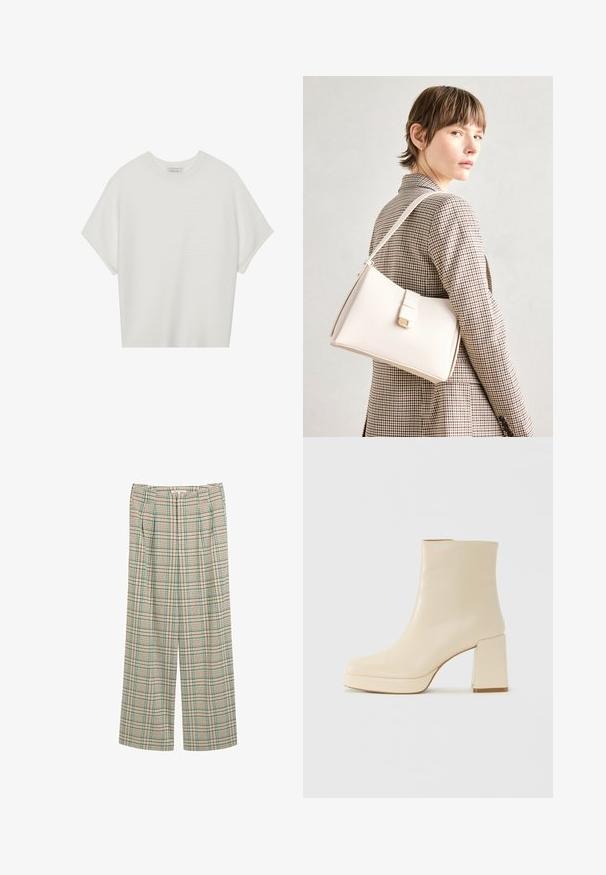 Balta trumpa rankovėmis marškinėliai su plačiu apykakle ir tekstūruotu gumbelių raštu, pagaminti iš minkštos medžiagos, pasižymintys laisvu siluetu ir tvarkingu dizainu.; Plati kojinės su smėlio spalvos šachmatų raštu, akcentais žalia ir tamsiai mėlyna, su priekiniais raukšlėmis ir tekstūruotu paviršiumi.; Smėlio spalvos odiniai aulinukai su blokuotu kulnu ir platforma, lygiu paviršiumi ir šiek tiek kvadratiniu nosiu, pasukti kairėn ant balto fono.; Balto odos rankinė su struktūrizuotu dizainu, turinti magnetinį užsegimą ir petnešą, demonstruojama prieš neutralią foną.