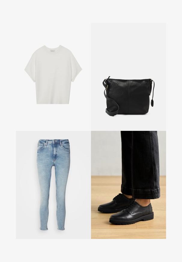 Fehér, rövid ujjú póló széles kerek nyakkivágással és textúrázott, bordás mintával, puha anyagból készült, laza fazonú és letisztult dizájnú.; Világoskék, slim fit farmernadrág, öt zsebes kialakítással, cipzáros záródással és enyhe kopással az elején. A szárak cuffoltak a bokánál.; Fekete bőr, fűzős cipők sima felszínen, lekerekített orral és vastag gumitalppal, sötét farmernadrággal párosítva.; Fekete bőr keresztpántos táska lapos formával, arany fémrészekkel és állítható pánttal. Simább textúra minimális varrási részletekkel.