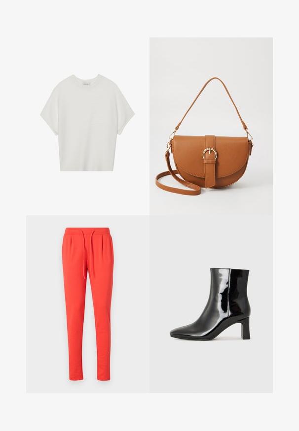 Hvit t-skjorte med korte ermer, bred rund hals og teksturert ribbet mønster, laget av myk stoff, med en avslappet passform og et enkelt design.; Røde joggebukser laget av mykt materiale med elastisk midjebånd og justerbar snor. Har en smalere bendesign.; Sorte patentlær ankle boot med spiss tå og en mellomhøy blokkhelt. Glatt tekstur og minimalistisk design.; Brun lærcrossbody-veske med en buet form, gullhardware og et spenneakcent. Har en avtakbar skulderreim.