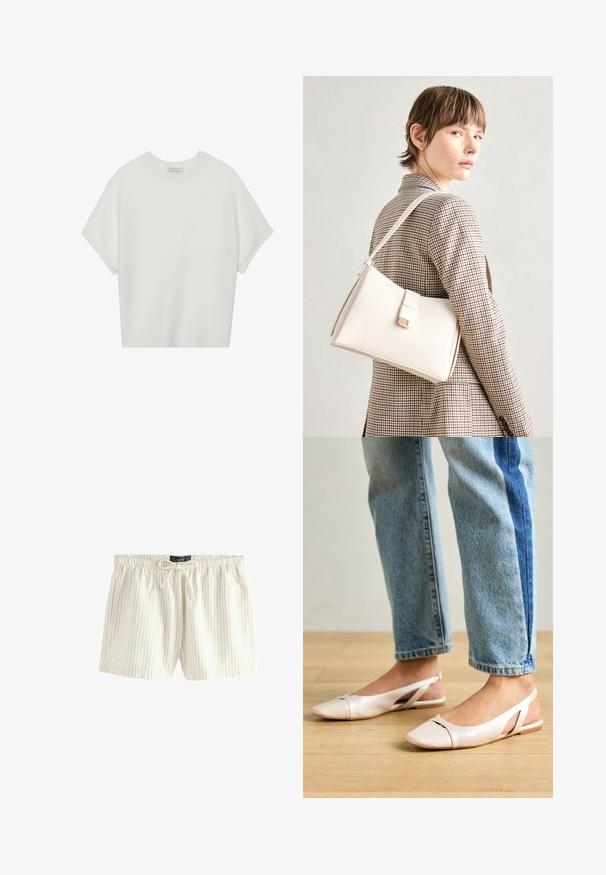 Balta trumpa rankovėmis marškinėliai su plačiu apykakle ir tekstūruotu gumbelių raštu, pagaminti iš minkštos medžiagos, pasižymintys laisvu siluetu ir tvarkingu dizainu.; Šviesiai kreminiai šortai su vertikaliomis mėlynomis juostelėmis, pagaminti iš minkštos medžiagos, su elastingu liemeniu ir raišteliu, bei šoninėmis kišenėmis.; Šviesiai rožiniai slingback baleto bateliai su smailiu pirštu, pagaminti iš lygios odai panašios medžiagos. Yra išpjovimų detalės šonuose ir plokščias kulnas.; Balto odos rankinė su struktūrizuotu dizainu, turinti magnetinį užsegimą ir petnešą, demonstruojama prieš neutralią foną.