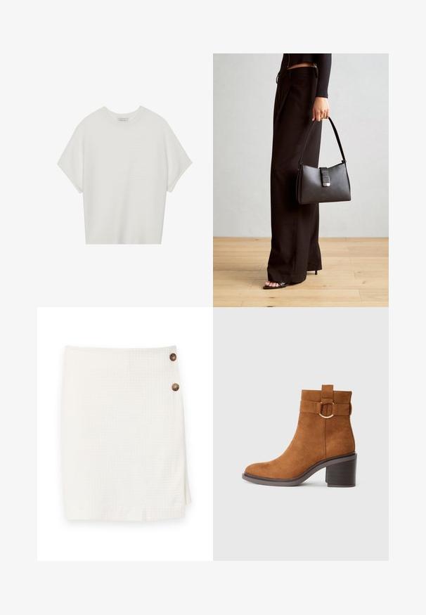 White short-sleeve t-shirt with a wide crew neck and textured ribbed pattern, made of soft fabric, featuring a relaxed fit and a clean design.; White skirt with a textured fabric, featuring a wrap design and two round buttons on the side for fastening.; Brown suede ankle boot with a rounded toe, block heel, and a decorative strap featuring a circular buckle detail.; Black handbag with structured shape, smooth texture, and a metallic clasp. Paired with wide black pants and open-toe sandals on wooden floor.