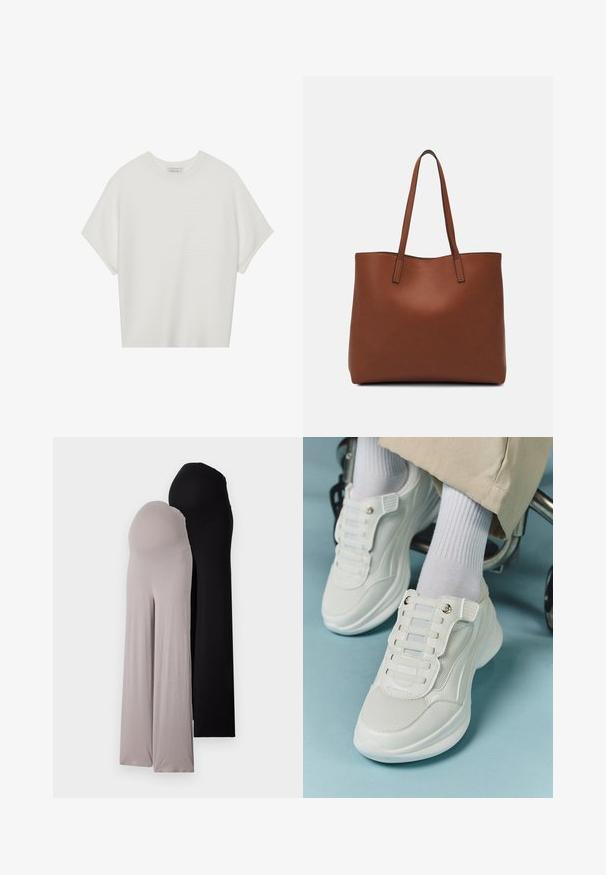 Bijela majica kratkih rukava s širokim okruglim izrezom i teksturiranim rebrastim uzorkom, izrađena od mekog materijala, s opuštenim krojem i čistim dizajnom.; Par par majčinskih hlača od mekog, rastezljivog materijala. Jedne su sive, a druge crne, imaju široke nogavice i elastičnu waistband za udobnost.; Bijele tenisice s mrežastim materijalom, gumeni potplat, dizajn bez vezica s elastičnim trakama i zlatnim detaljima.; Smeđa kožna torba preko ramena s glatkom teksturom, otvorenim vrhom i dvjema naramenicama. Ima minimalne šavove i nema vidljivog hardvera.