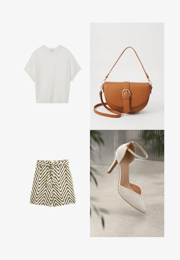 T-shirt bianca a maniche corte con scollo rotondo ampio e texture a coste, realizzata in tessuto morbido, caratterizzata da una vestibilità rilassata e un design pulito.; Pantaloni corti leggeri in un tessuto beige con una fantasia a zigzag nera. Presentano una cintura con lacci in vita e una vestibilità rilassata.; Scarpa bianca con tacco alto in materiale liscio, con punta affilata e cinturino alla caviglia. Presenta un interno color beige chiaro e dettagli in metallo dorato.; Borsa a tracolla in pelle marrone con forma curvata, hardware dorato e un dettaglio con fibbia. Presenta una tracolla rimovibile.