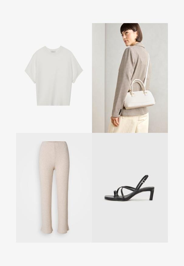 Balta trumpa rankovėmis marškinėliai su plačiu apykakle ir tekstūruotu gumbelių raštu, pagaminti iš minkštos medžiagos, pasižymintys laisvu siluetu ir tvarkingu dizainu.; Šviesiai smėlio spalvos dryžuotos kelnės su tiesia kojų forma ir platėjančiais hem. Pagamintos iš minkštos medžiagos su subtiliu tekstūru. Elastinė juosmeninė dalis už komfortą.; Juodi šlepetės su kvadratiniu pirštu ir žemu bloku kulnu. Yra keli ploni dirželiai ir reguliuojamas kulkšnies diržas. Pagaminti iš lygios odos.; Balta struktūruota rankinė su trumpomis rankenomis ir peties diržu, su auksinėmis detalėmis ir tekstūruota medžiaga, pastatyta prieš pilką foną.
