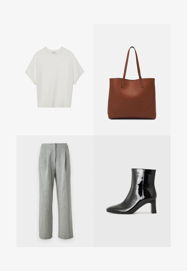 Valge lühikeste varrukatega T-särk laia ümaraha kaelusega ja tekstureeritud ribapatterniga, pehmest kangast, lõdva istuvuse ja puhta disainiga.; Hallid kõrge vöökohaga hallid püksid, mis on valmistatud pehmest, tekstuuriga kangast. Omavad kahte esist märgistust ja sirget lõiget, nööbisuletava kinnitusega.; Must-sinine nahkjalats musta läikiva viimistlusega, millel on terav nina ja keskmise kõrgusega plokk konts. Sile tekstuur ja minimalistik disain.; Pruun nahast tote-kott, millel on sile tekstuur, avatud ülaosa disain ja kaks õlarihma. Omab minimaalset õmblust ja nähtavat riistvara ei ole.