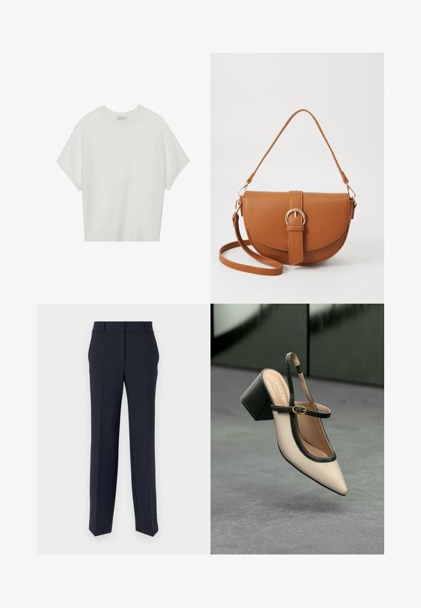 Witte T-shirt met korte mouwen, een brede ronde hals en een gestructureerd ribpatroon, gemaakt van zachte stof. Het shirt heeft een ontspannen pasvorm en een strakke uitstraling.; Marineblauwe op maat gemaakte broek met een rechte snit, soepele textuur en een vlakke voorkant. Beschikt over twee zijzakken en een klassiek taillebandontwerp.; Beige puntige slingback schoen met zwarte rand, gouden gesp en een chunky blokhak op een grijze vloer met een donker groene achtergrond.; Bruine leren schoudertas met een gebogen vorm, gouden hardware en een gespaccent. Bevat een afneembare schouderriem.